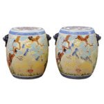 Pair of Chinese Ceramic Stools with Lion Handles Decorated with Deer