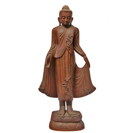 Burmese Oiled Teak Buddha Standing on Lotus in Bestowing Teachings Mudra