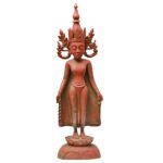 Burmese Teak Buddha Wearing Headdress Standing on Lotus