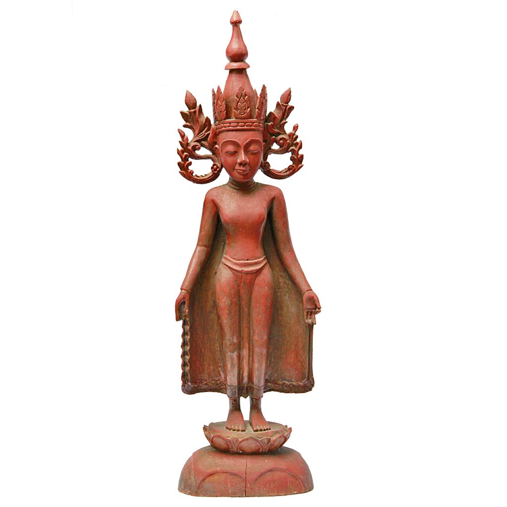 PAQ007543-01 Burmese Teak Buddha Wearing Headdress Standing on Lotus - Image 1
