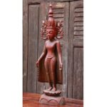 Burmese Teak Buddha Wearing Headdress Standing on Lotus - Image 4