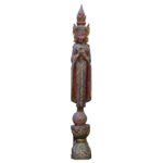 Crowned Burmese Buddha Standing atop Lotus and Globe in Teaching Mudra